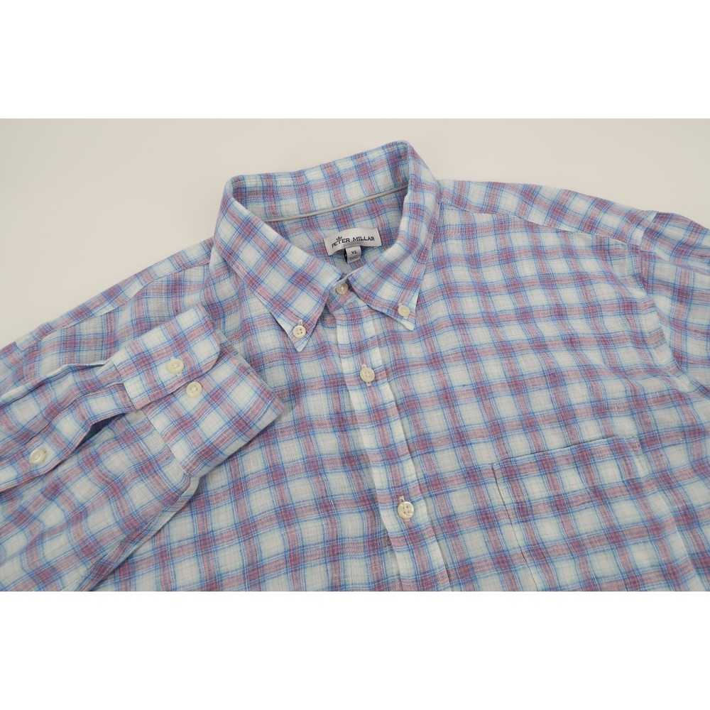 Peter Millar Seaside Men's XL Linen Blue Plaid Long Sleeve Button Front Shirt